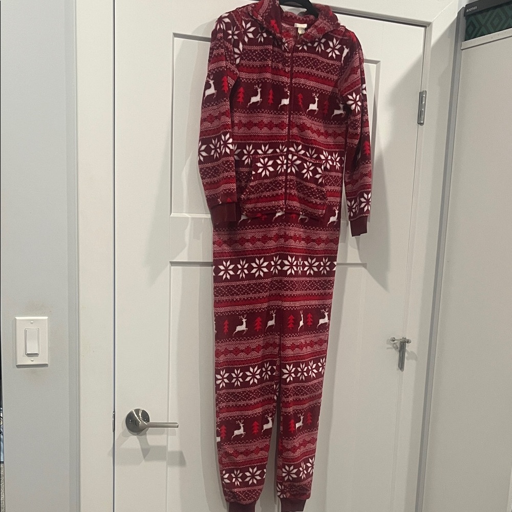 Forever 21 Girls 13/14 Red and White Kids Pajama Hooded Onesie Holiday Winter
